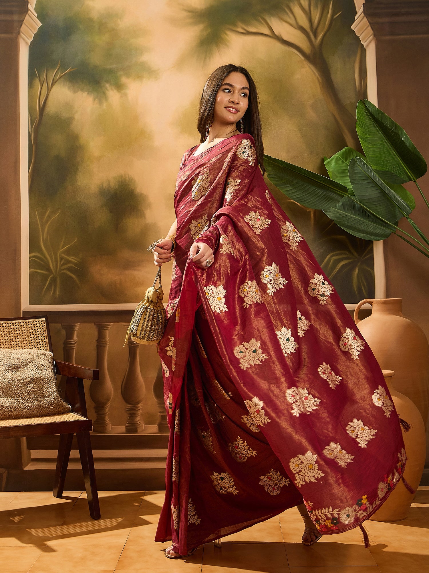 Maroon Shimmer Silk Woven Jacquard Designer Traditional Partywear Saree
