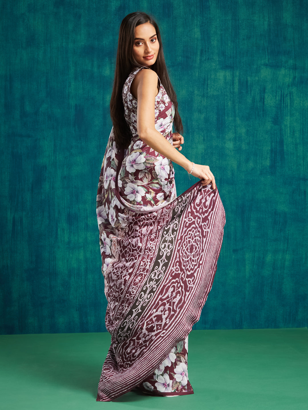 Maroon Silk Crepe Designer Printed Ready To Wear Saree