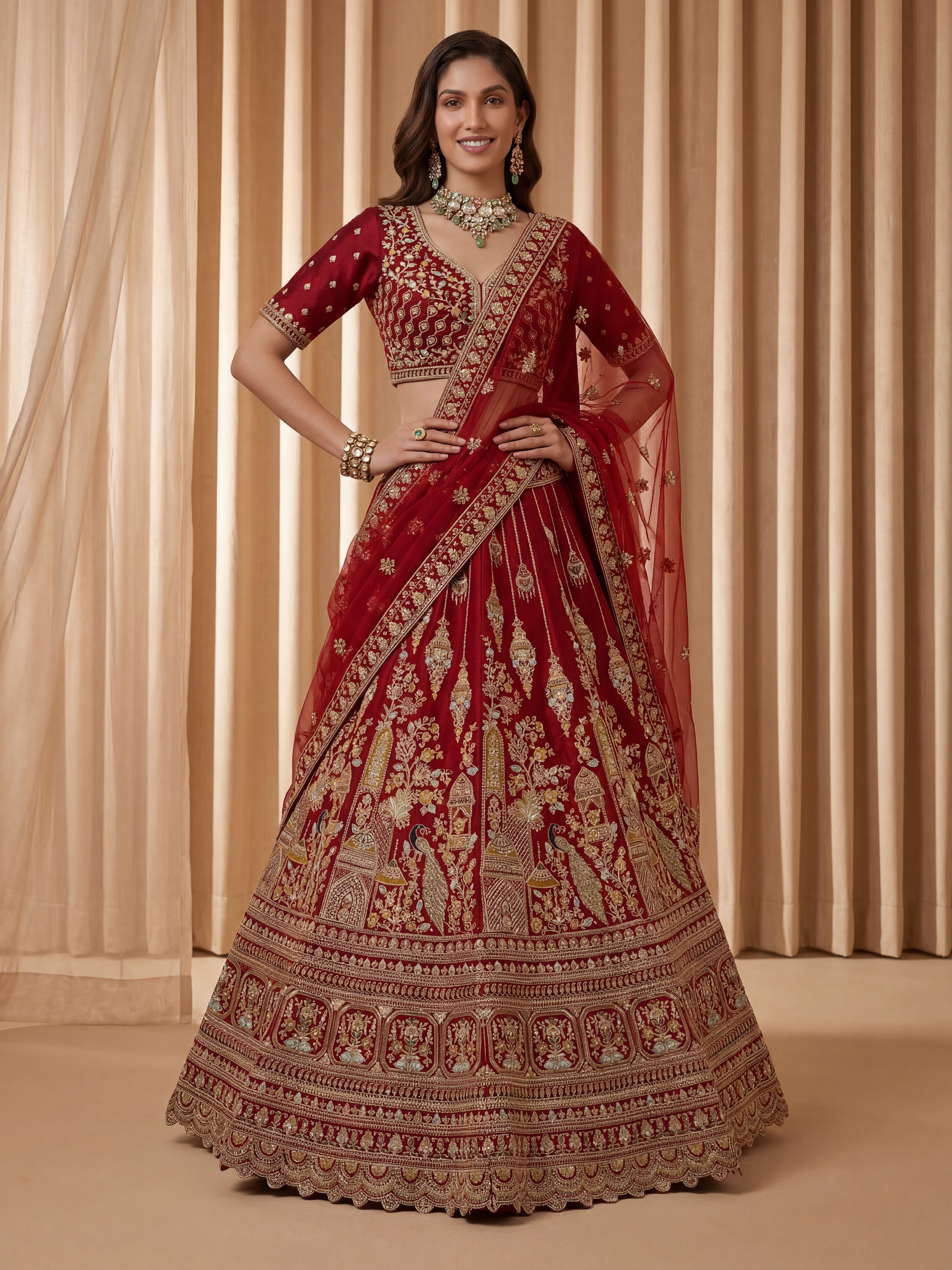 Maroon Silk Lehenga Choli With Fancy Embroidered, Dori Embroidered, Multi Thread work, Sequinned With Diamond studded