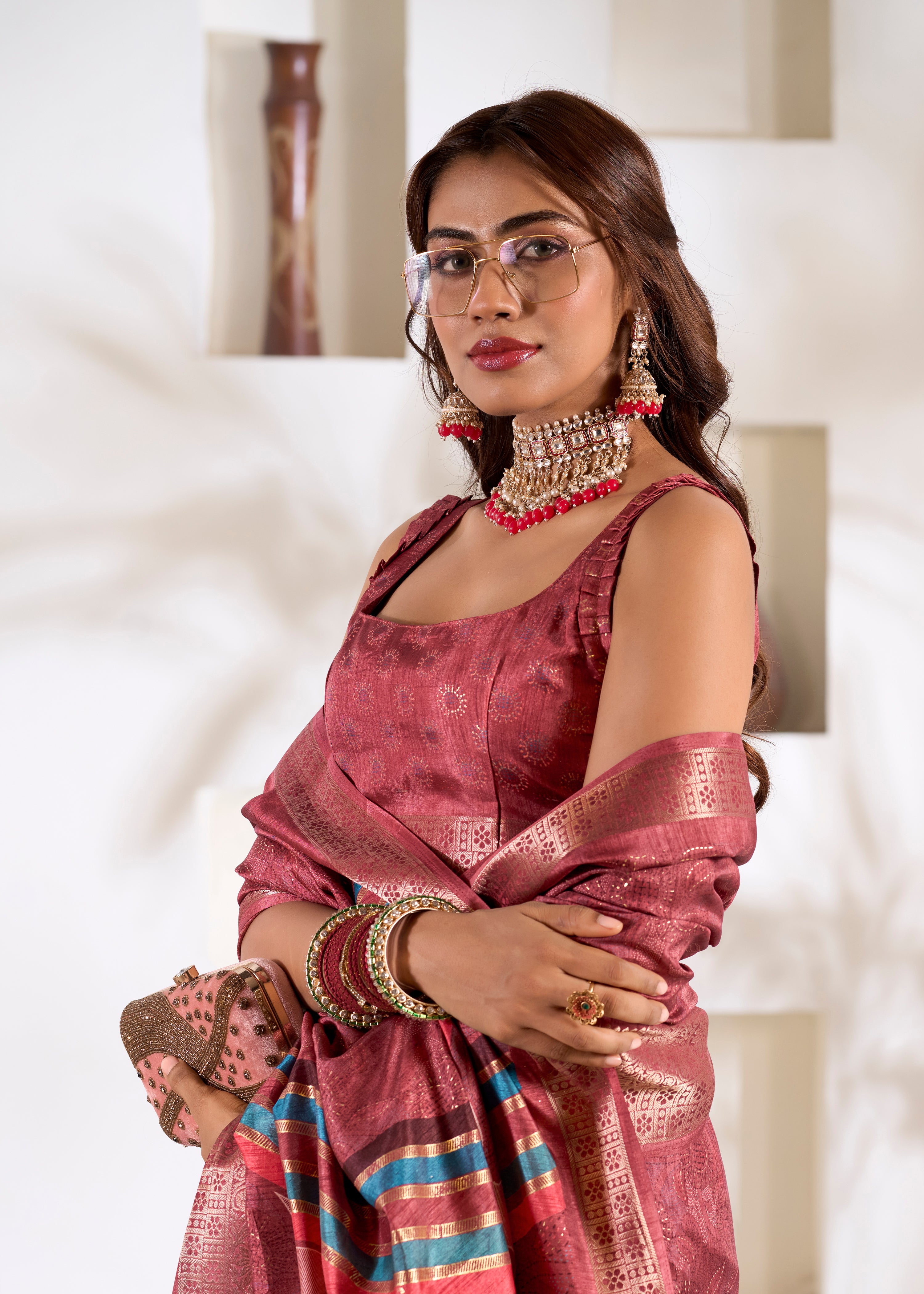 Maroon Soft Dola Silk Saree With Foil Print With Jacquard Woven Work