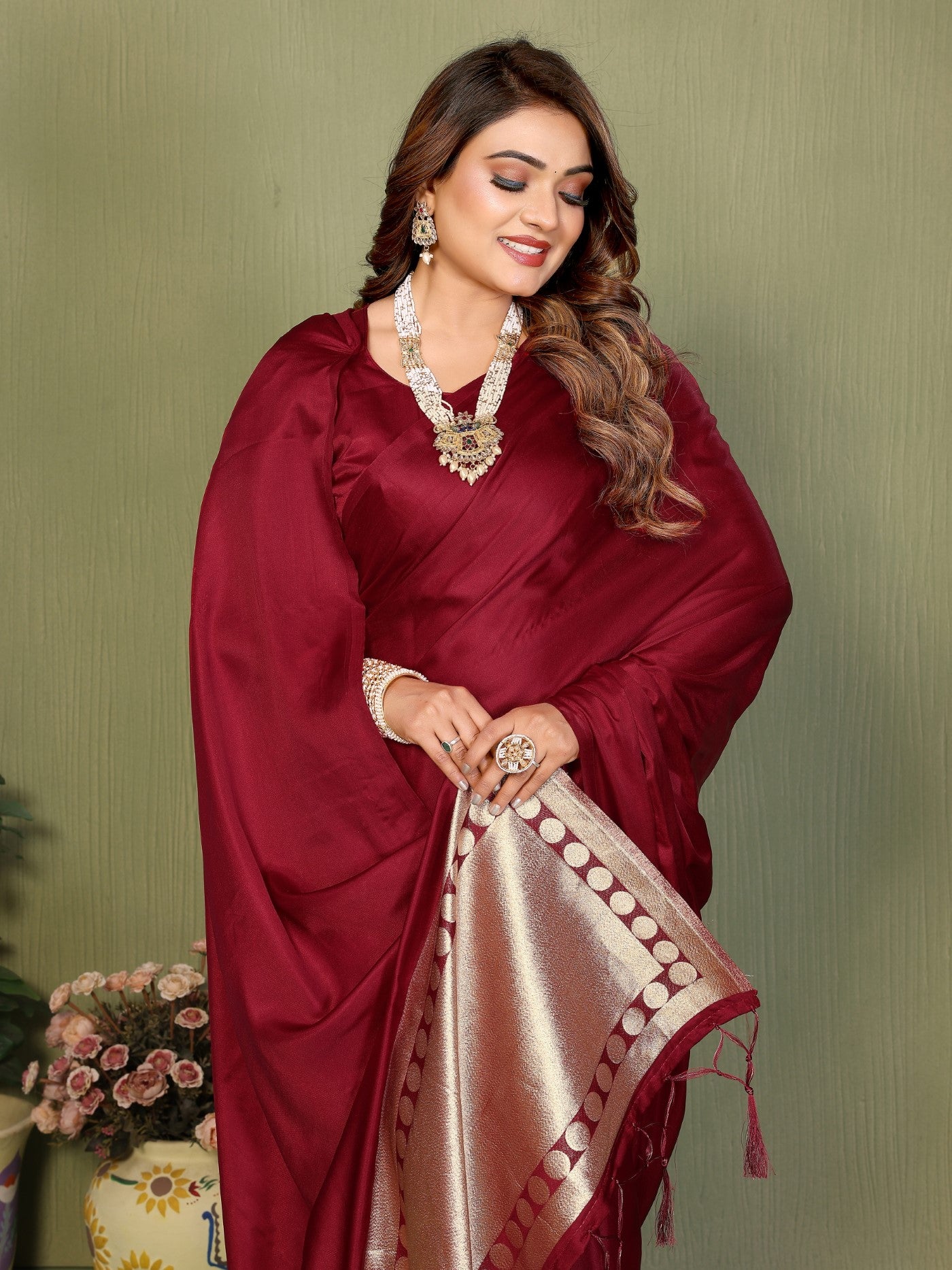 Maroon Soft Satin Silk Saree With Premium Zari Weaving