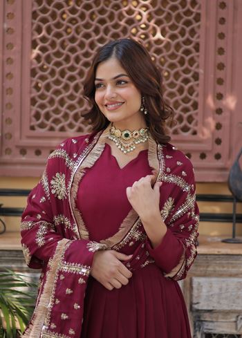Maroon Star Georgette Suit With Embroidery Zari Sequins-work