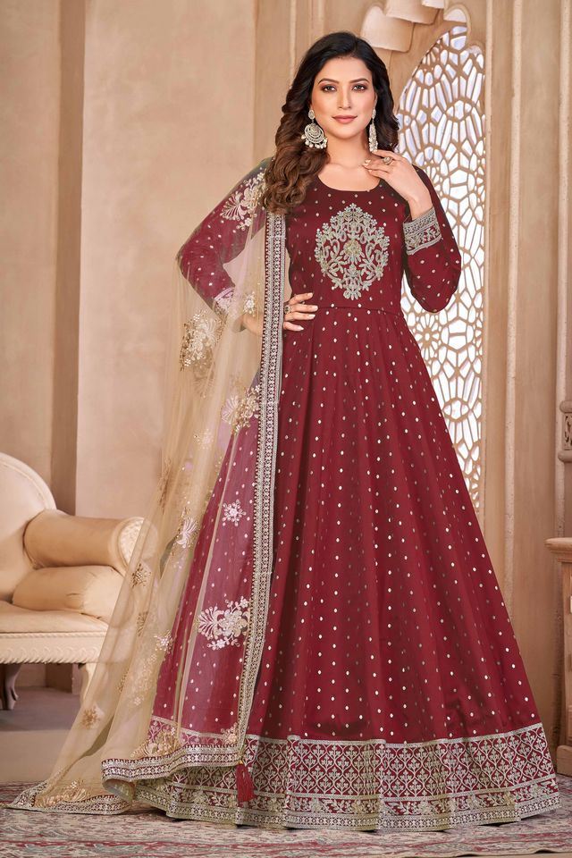 Maroon Taffeta Butti Heavy Thread Embroidery Sequins Work Anarkali Suits
