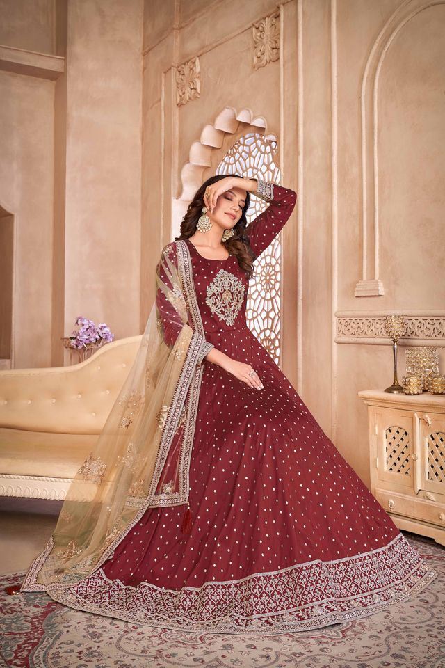 Maroon Taffeta Butti Heavy Thread Embroidery Sequins Work Anarkali Suits