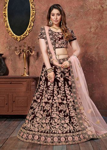 Maroon Thread Embroidery Velvet Silk Bridal Wear Lehenga Choli and Pastel Pink Dupatta