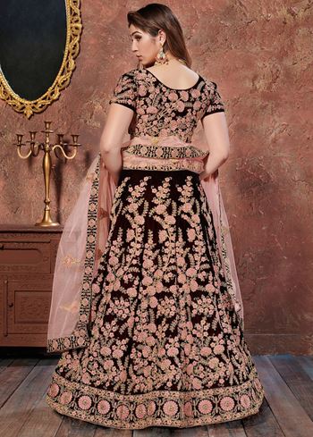 Maroon Thread Embroidery Velvet Silk Bridal Wear Lehenga Choli and Pastel Pink Dupatta