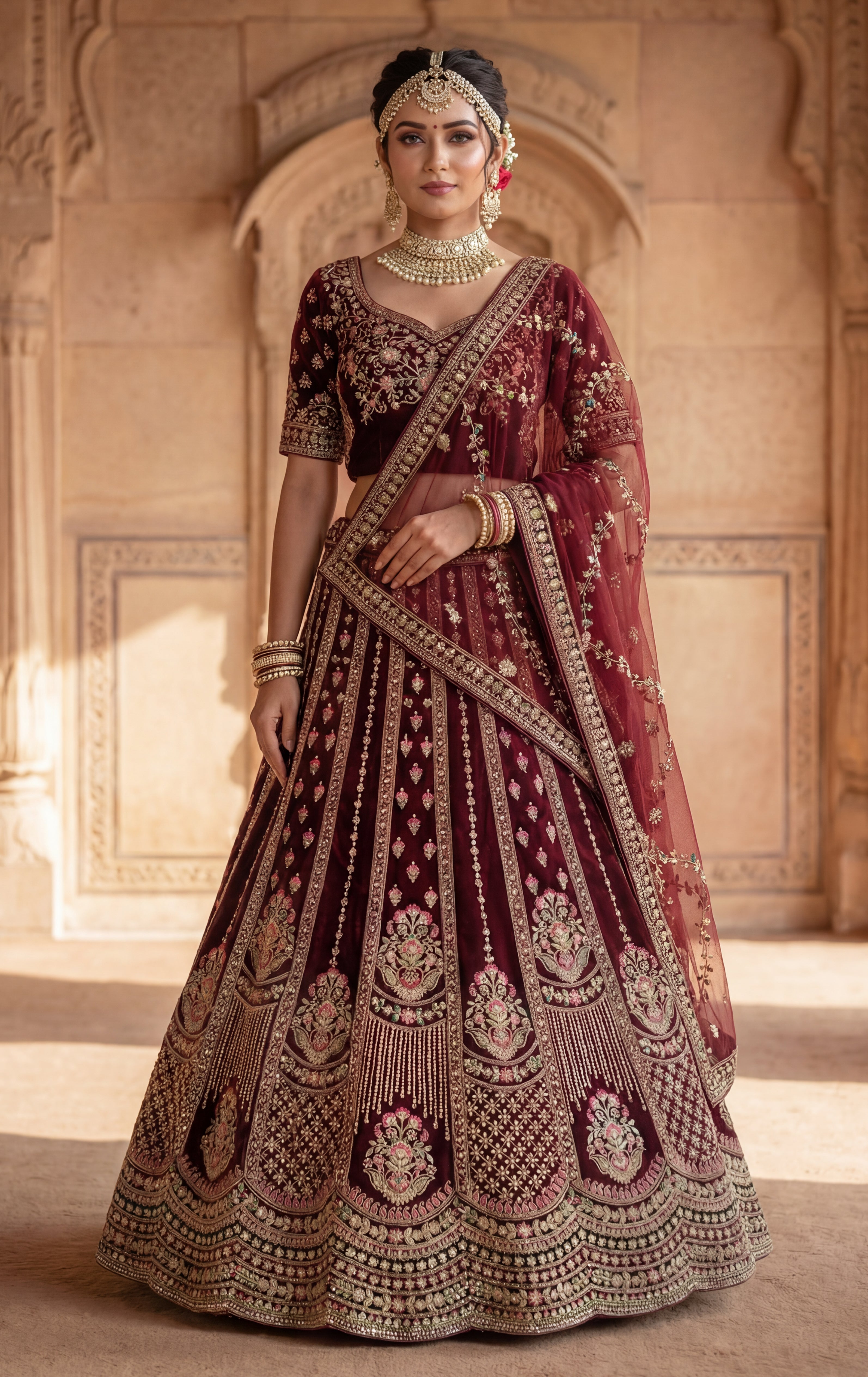 Maroon Velvet Lehenga Choli With Heavy Embroidery With Sequins Work