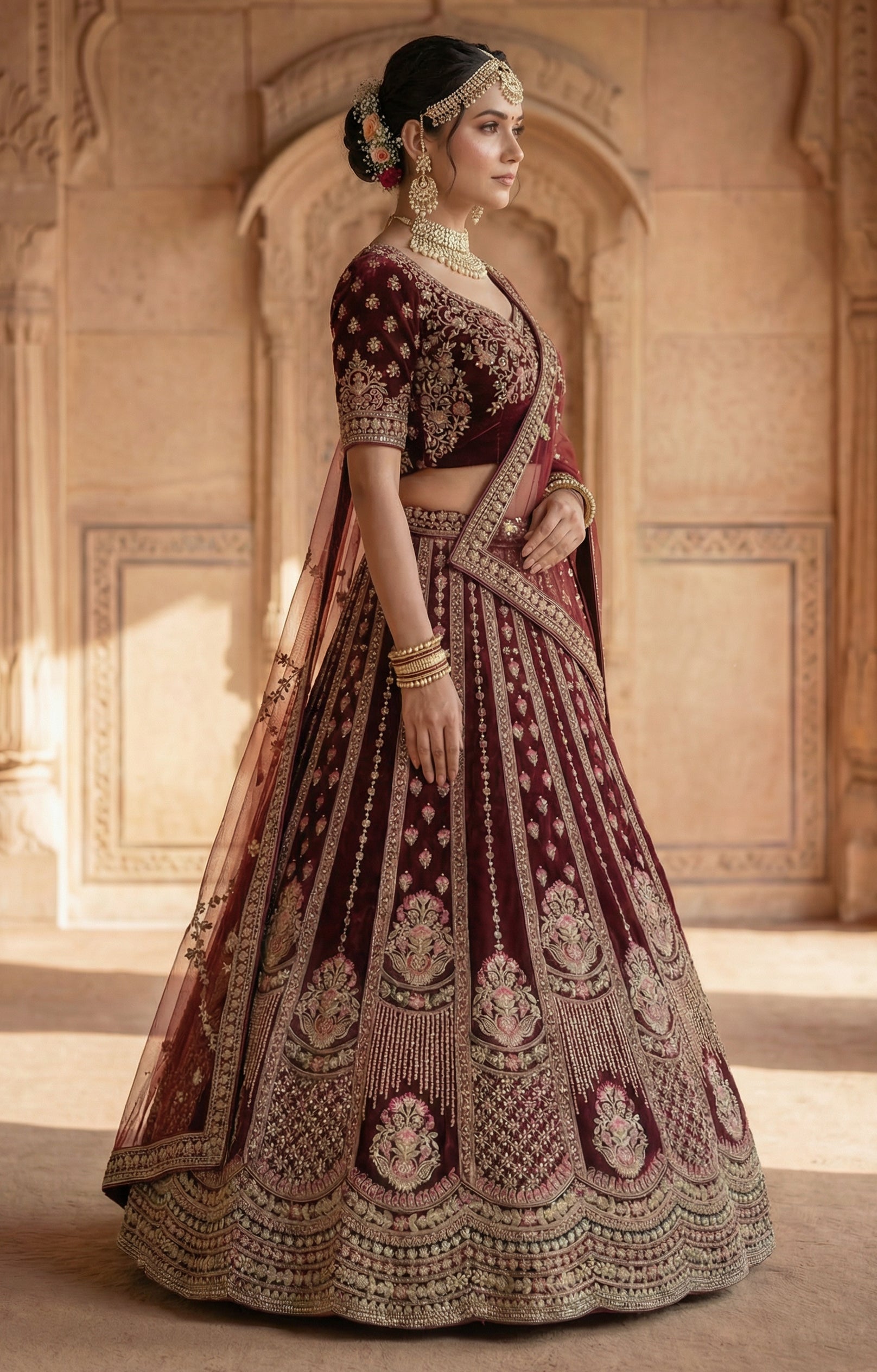 Maroon Velvet Lehenga Choli With Heavy Embroidery With Sequins Work