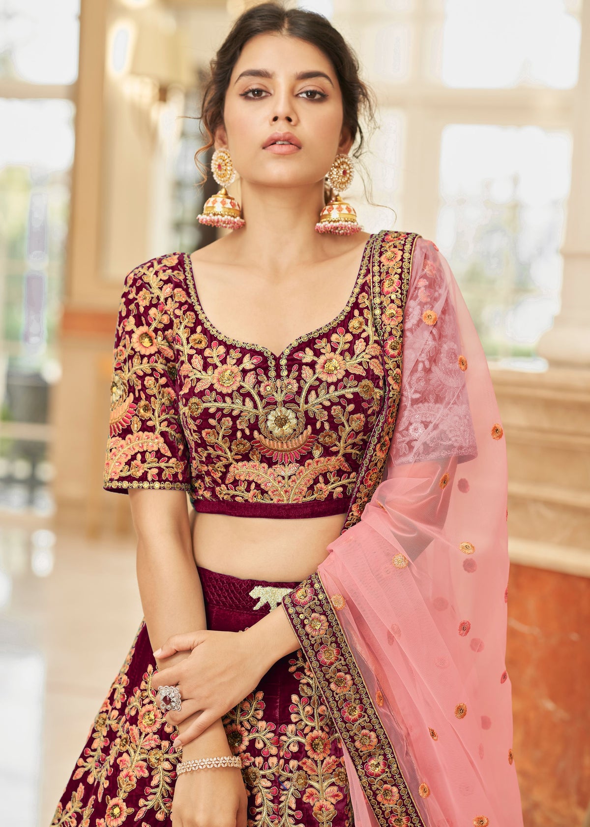 Maroon Velvet Lehenga Choli With Thread, Zari, Dori and Sequins Embroidery Work