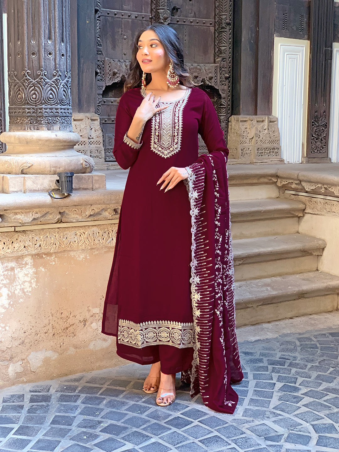 Maroon Vichitra Silk Elegant Kurta Pant Set With Embroidery Work