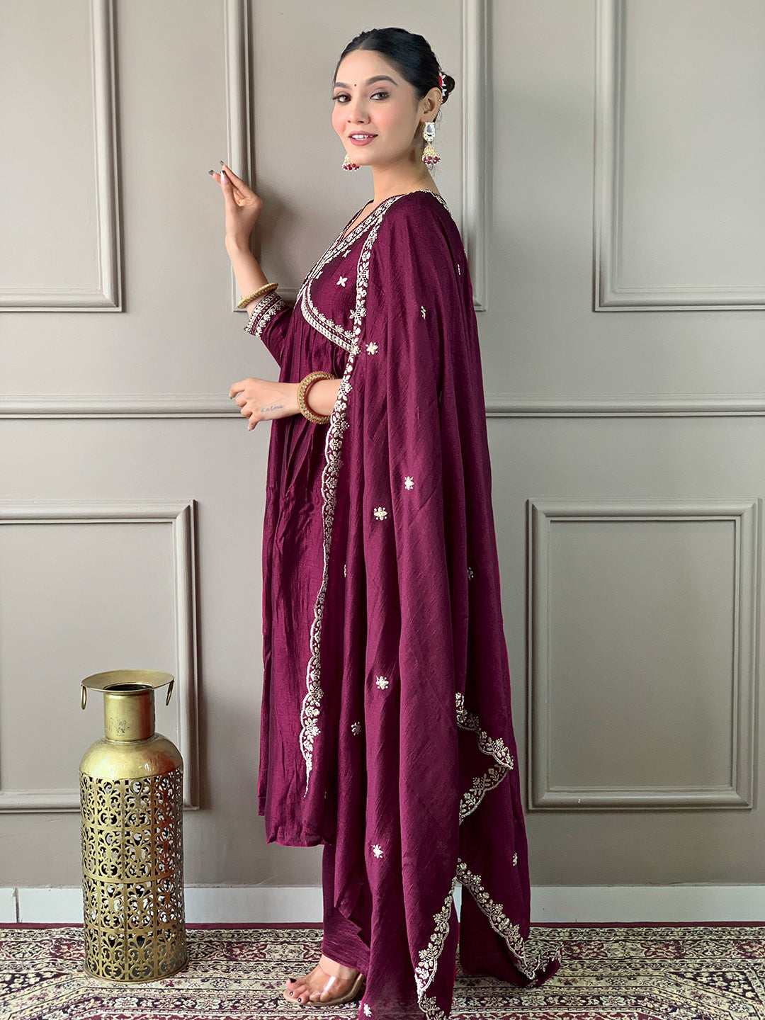 Maroon Vichitra Silk Elegant Kurta Pant Set With Embroidery Work