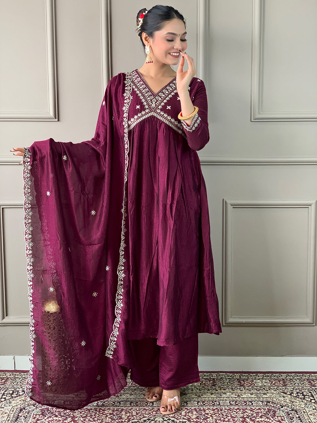 Maroon Vichitra Silk Elegant Kurta Pant Set With Embroidery Work