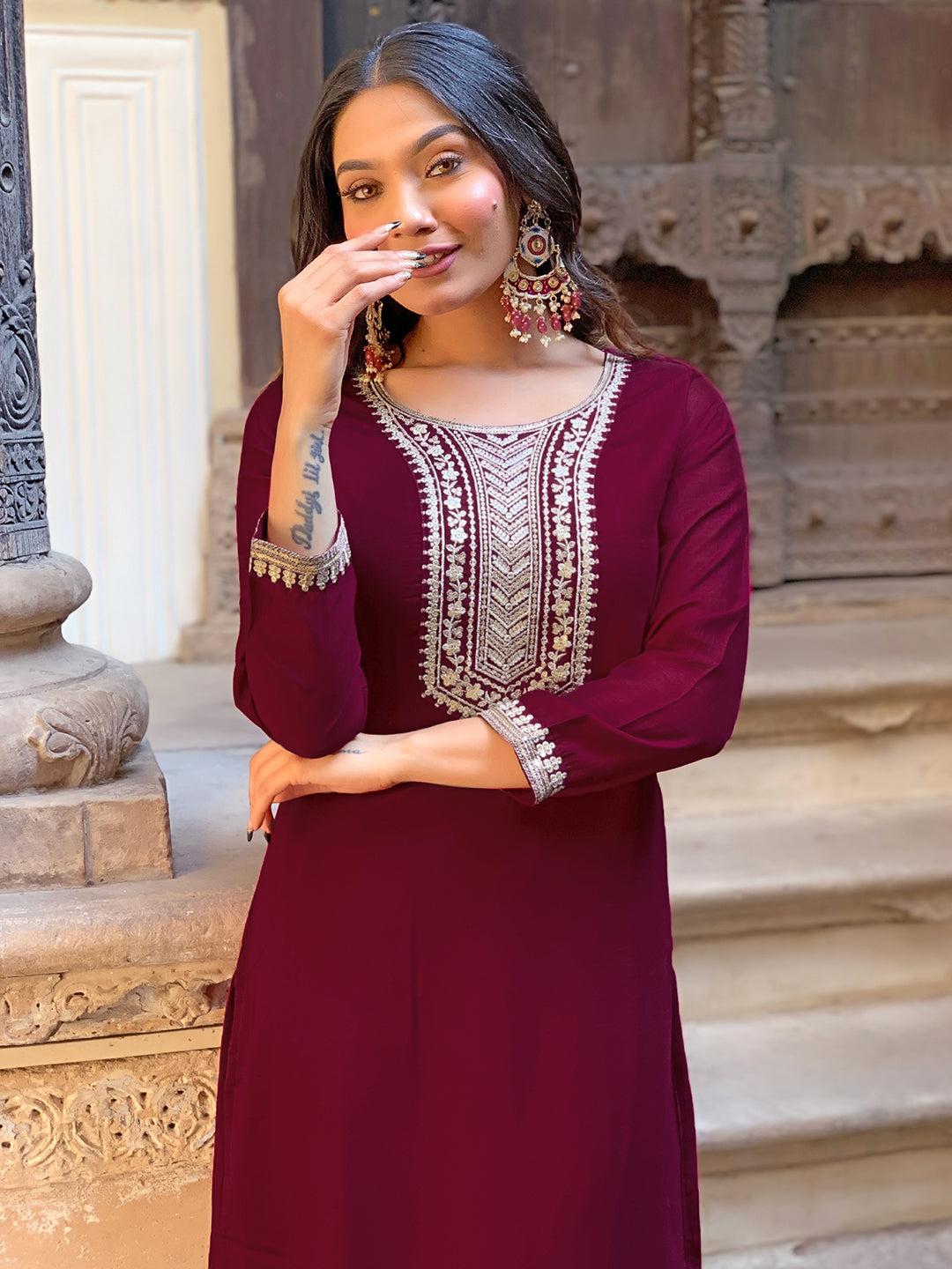 Maroon Vichitra Silk Elegant Kurta Pant Set With Embroidery Work