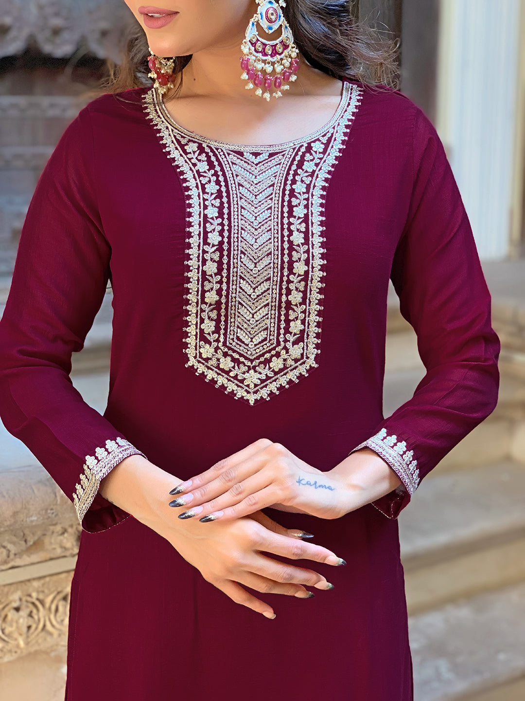 Maroon Vichitra Silk Elegant Kurta Pant Set With Embroidery Work