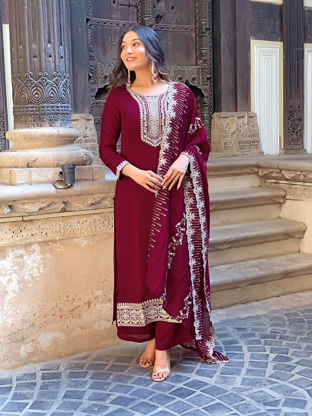 Maroon Vichitra Silk Elegant Kurta Pant Set With Embroidery Work