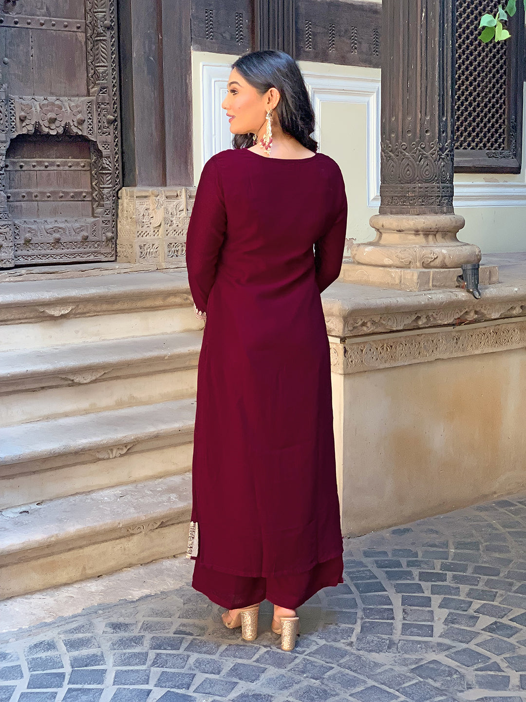Maroon Vichitra Silk Elegant Kurta Pant Set With Embroidery Work