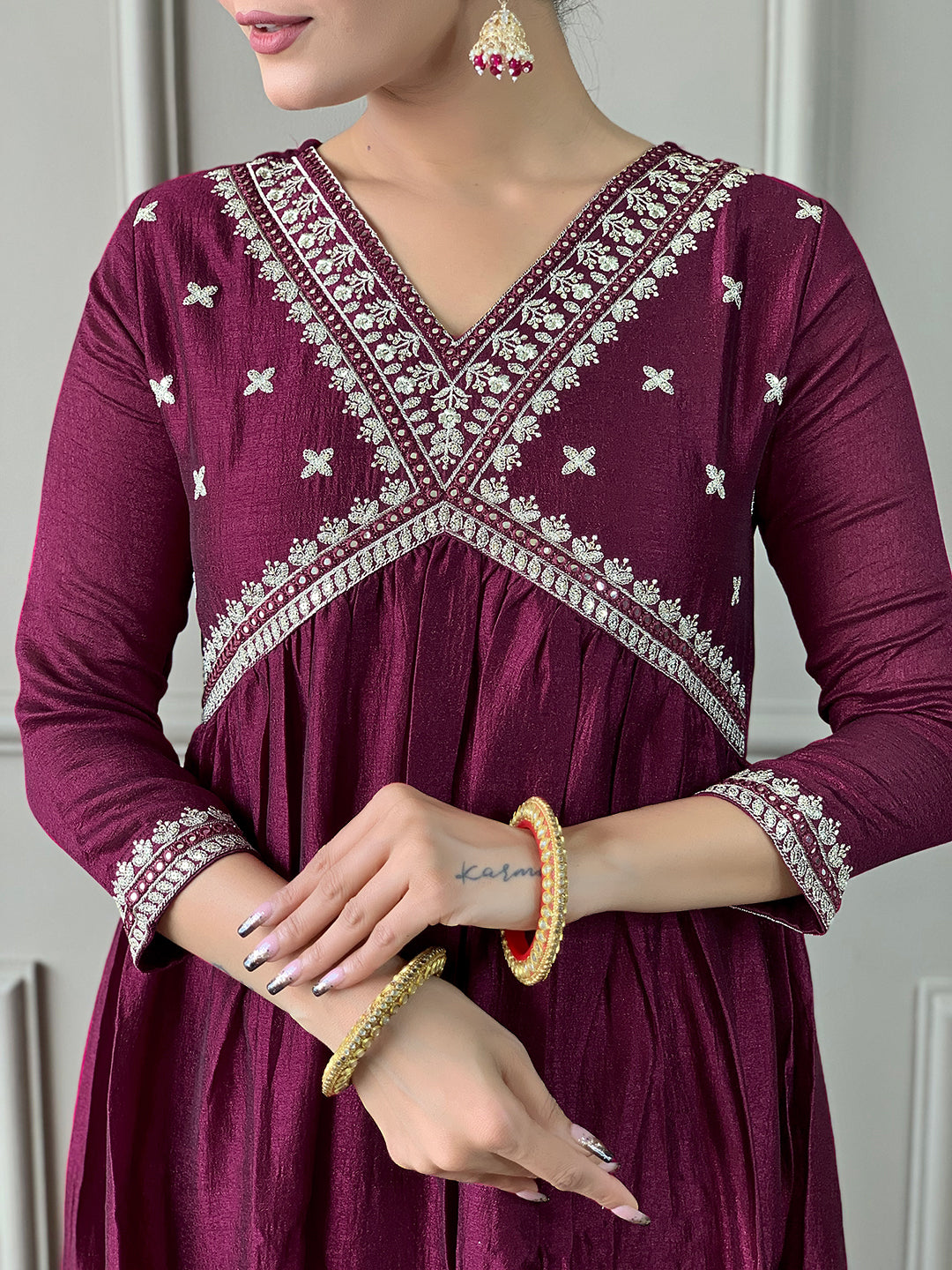 Maroon Vichitra Silk Elegant Kurta Pant Set With Embroidery Work