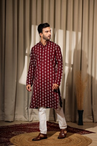 Maroon Viscose Designer Embroidered Ethnic Ceremonial Kurta Pajama