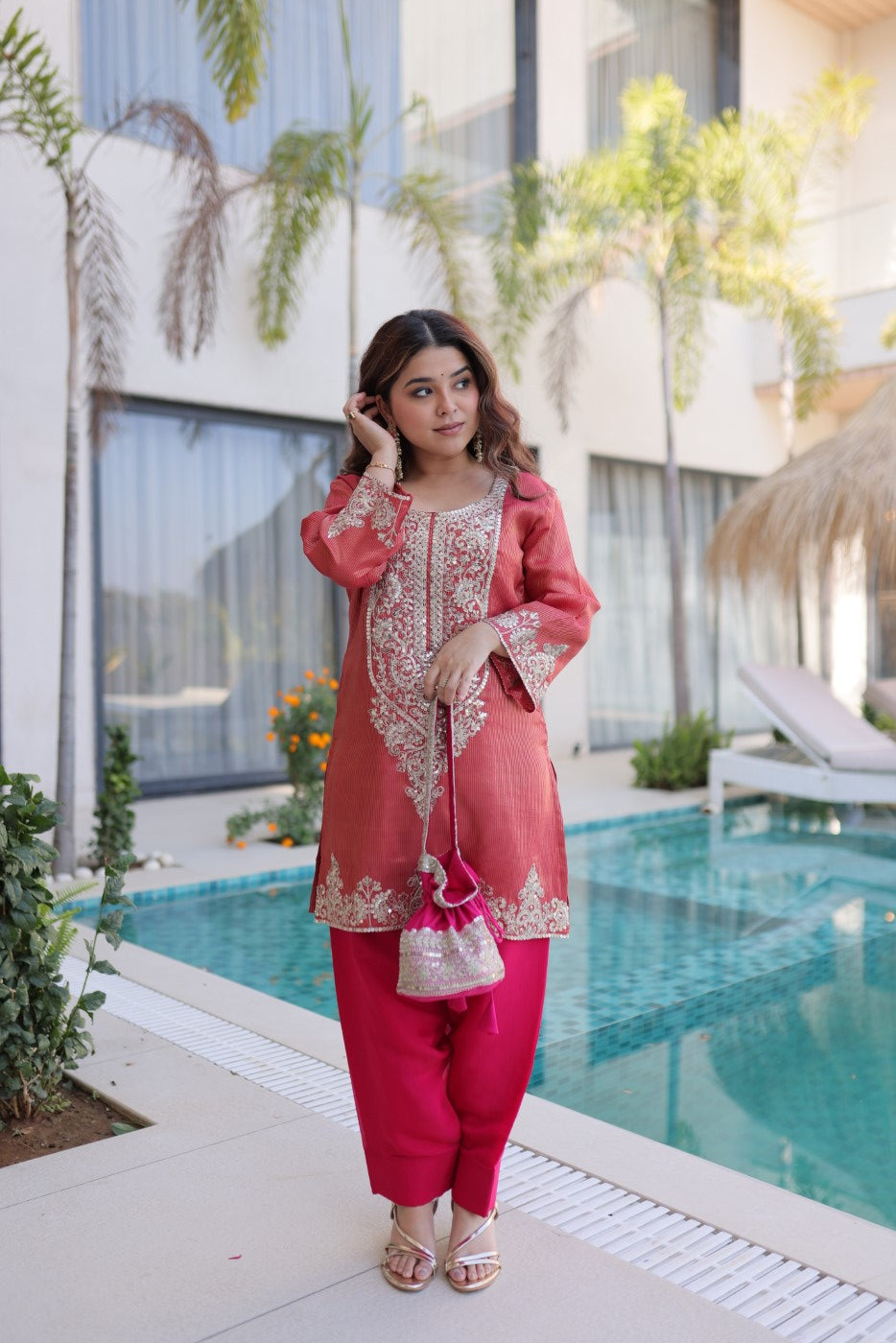 Maroon Viscose Designer Suit Set With Zari Embroidery