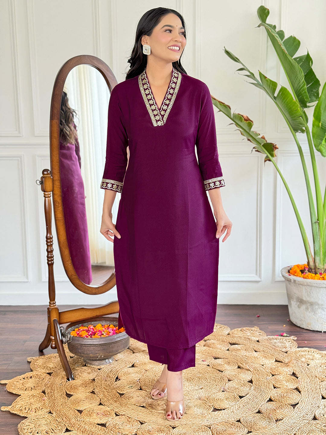 Maroon Viscose Silk Elegant Kurta Pant Set With Embroidery Work