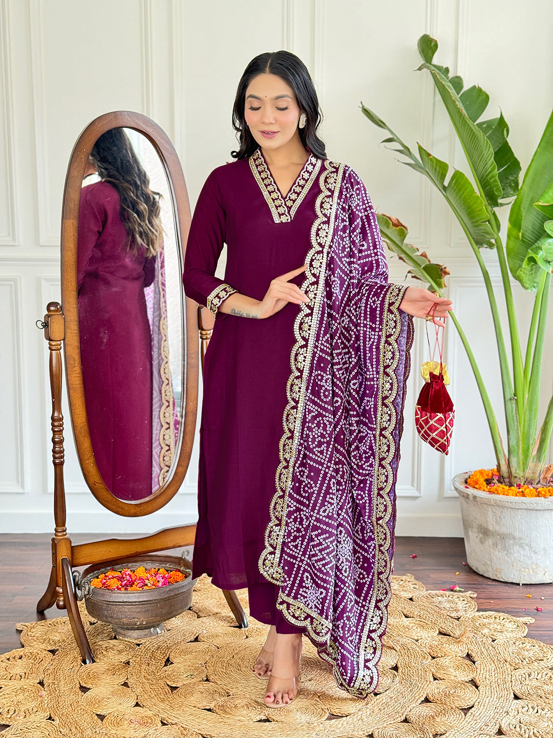 Maroon Viscose Silk Elegant Kurta Pant Set With Embroidery Work
