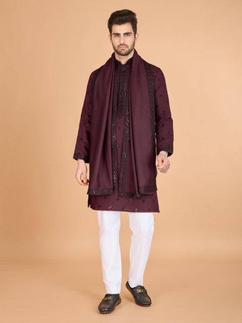 Maroon Viscose Silk Ethnic Kurta with Dupatta for Ceremonial Look