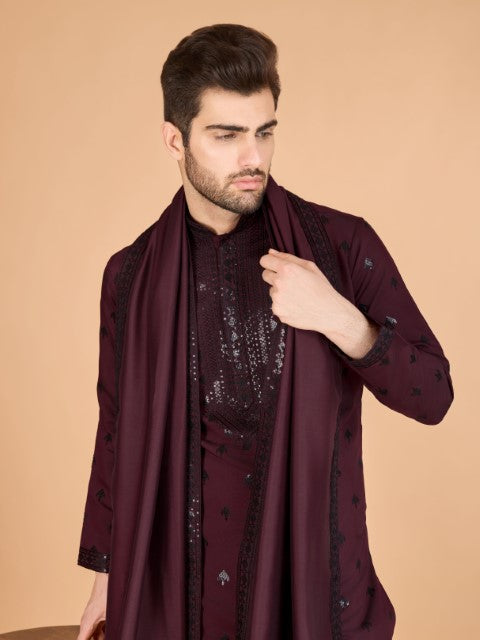 Maroon Viscose Silk Ethnic Kurta with Dupatta for Ceremonial Look