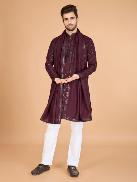 Maroon Viscose Silk Thread & Sequins Kurta with Dupatta