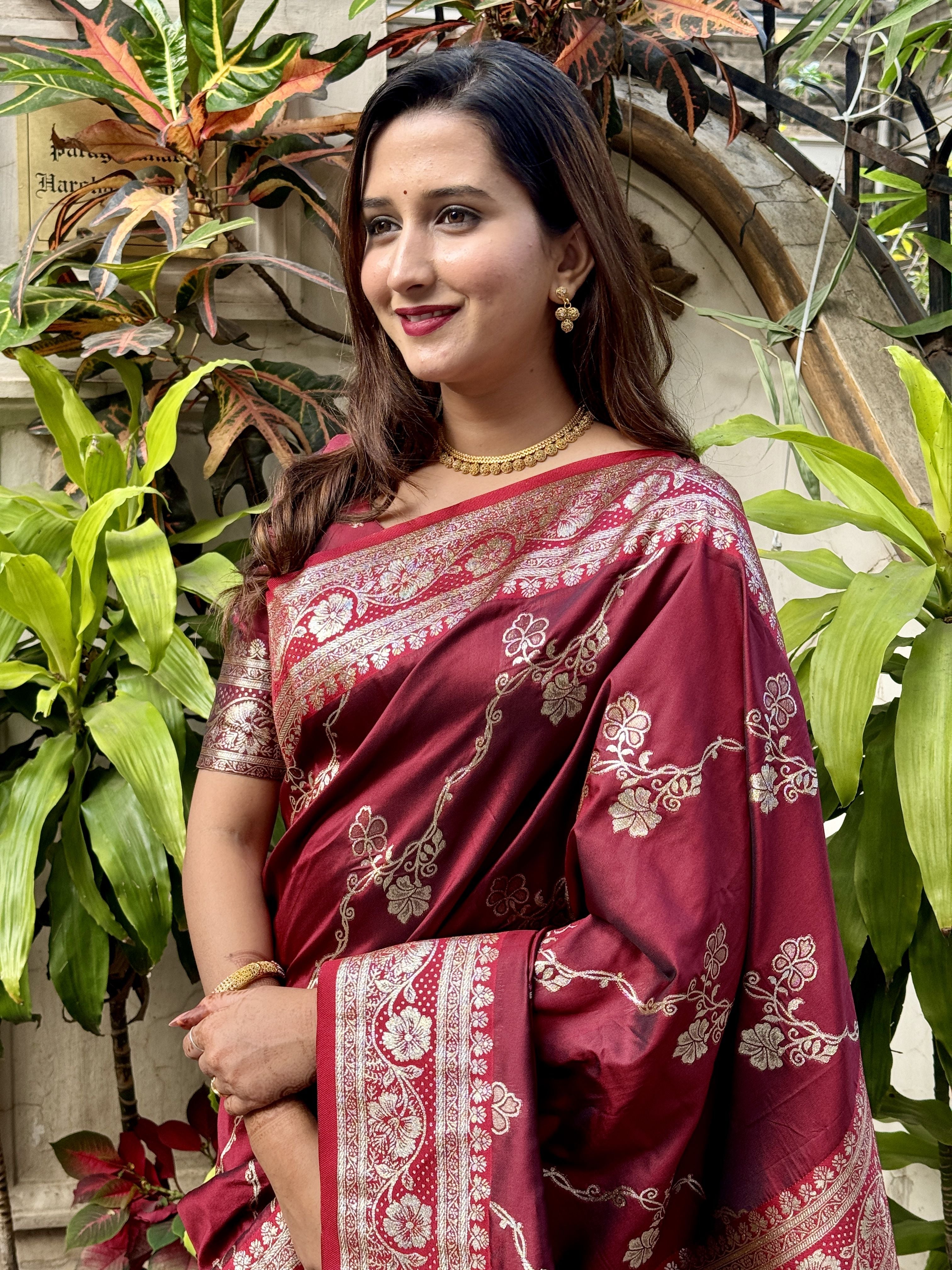 Maroon Woven Jacquard Jari Designer Banarasi Silk Festive Ceremonial Saree