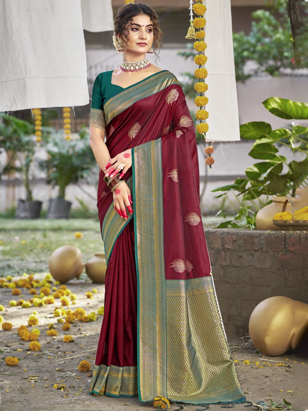 Maroon Woven Work Silk Festive Saree