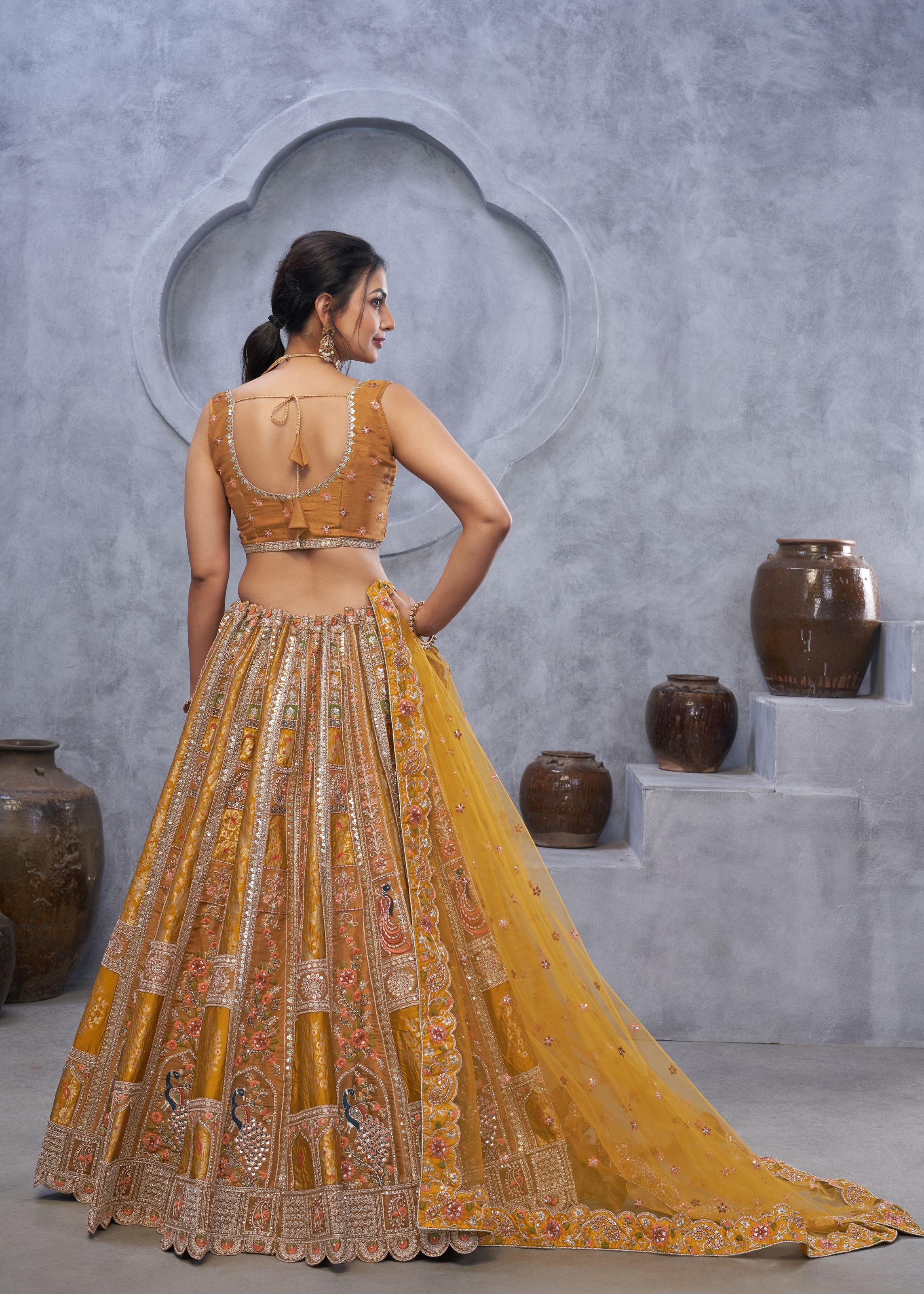 Marvelous Mustard Bridal Lehenga Choli With Peacock Embroidery