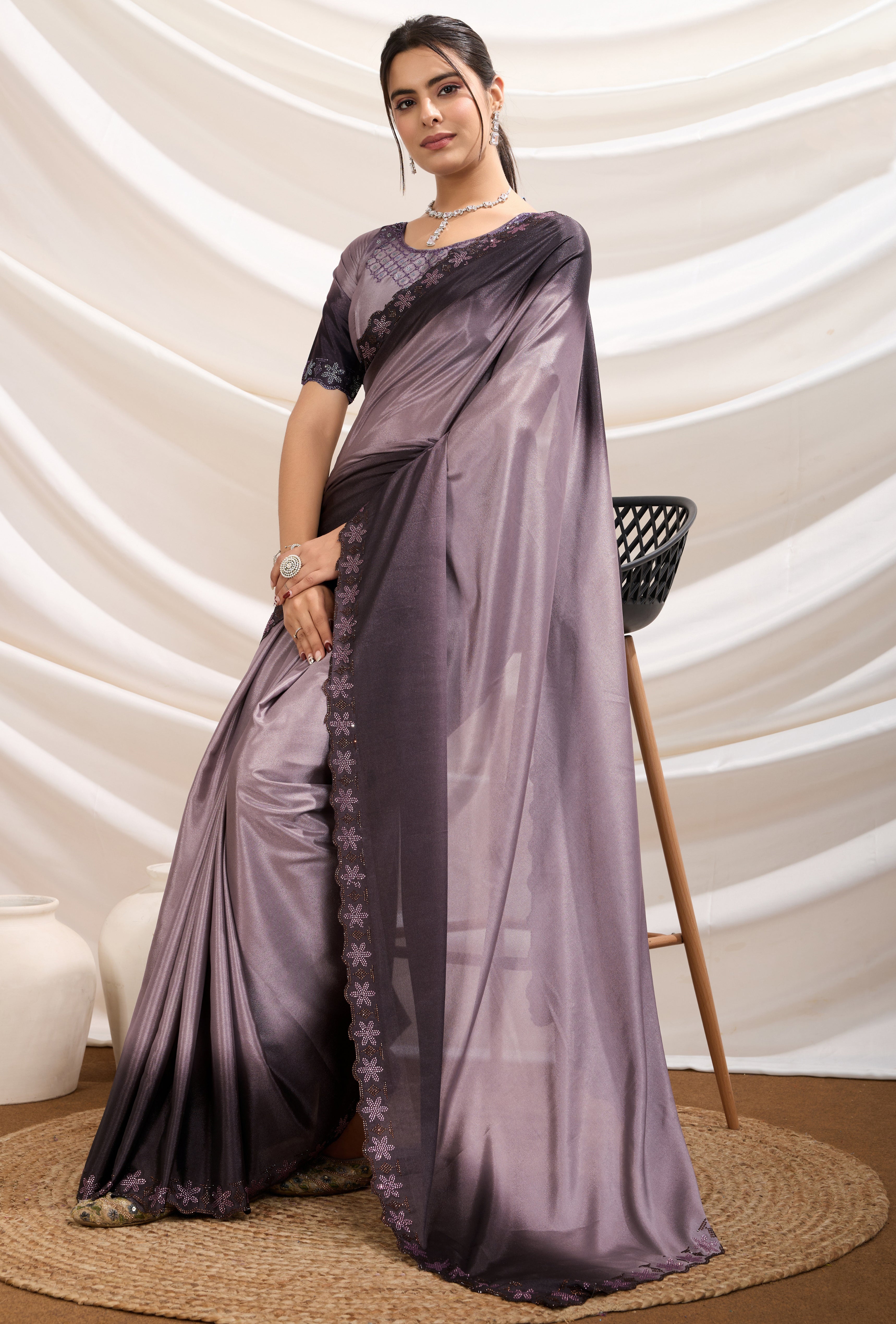 Mauve Color Ombre Dyed Crepe Saree With Dual tone stone Border work