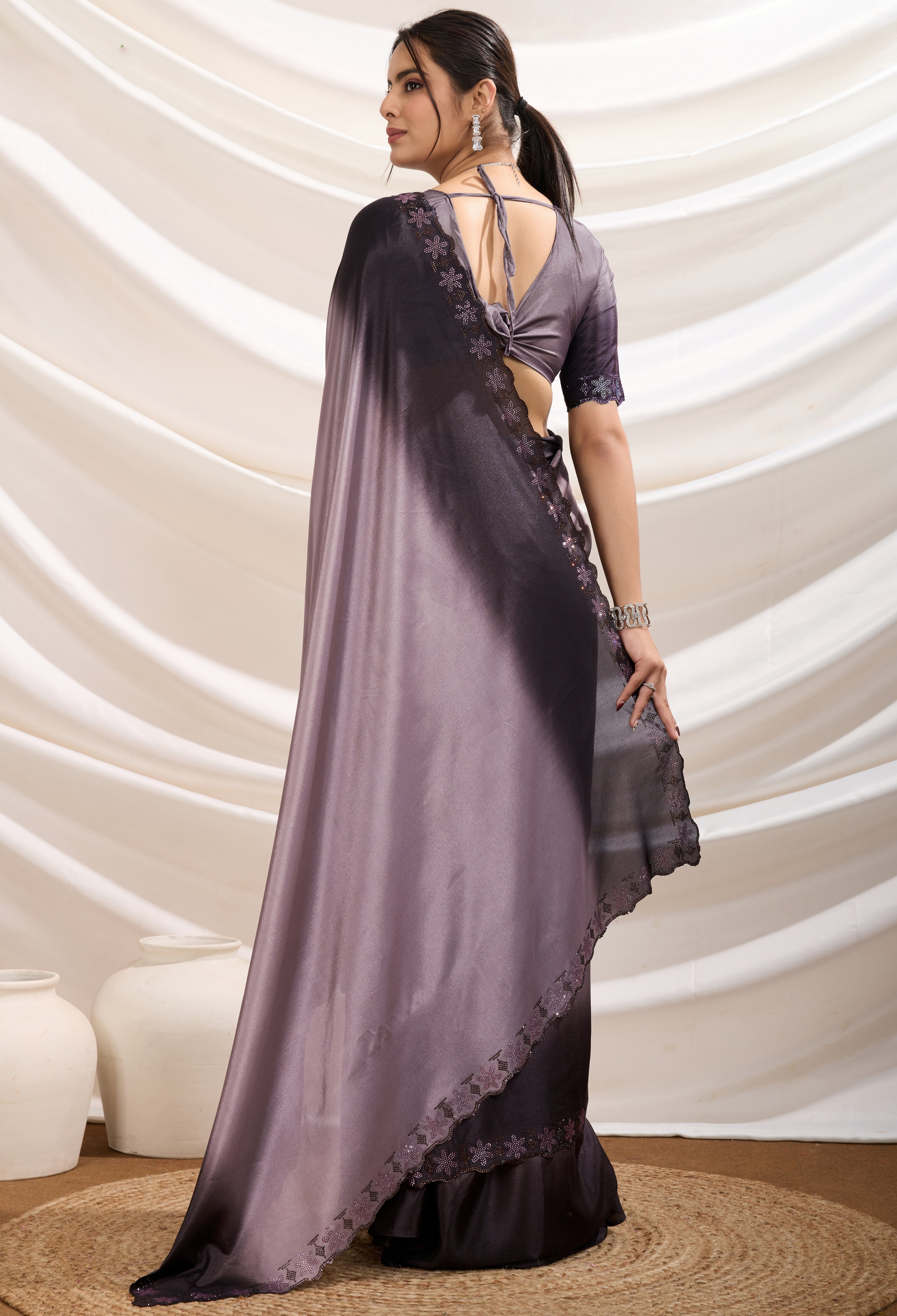Mauve Color Ombre Dyed Crepe Saree With Dual tone stone Border work