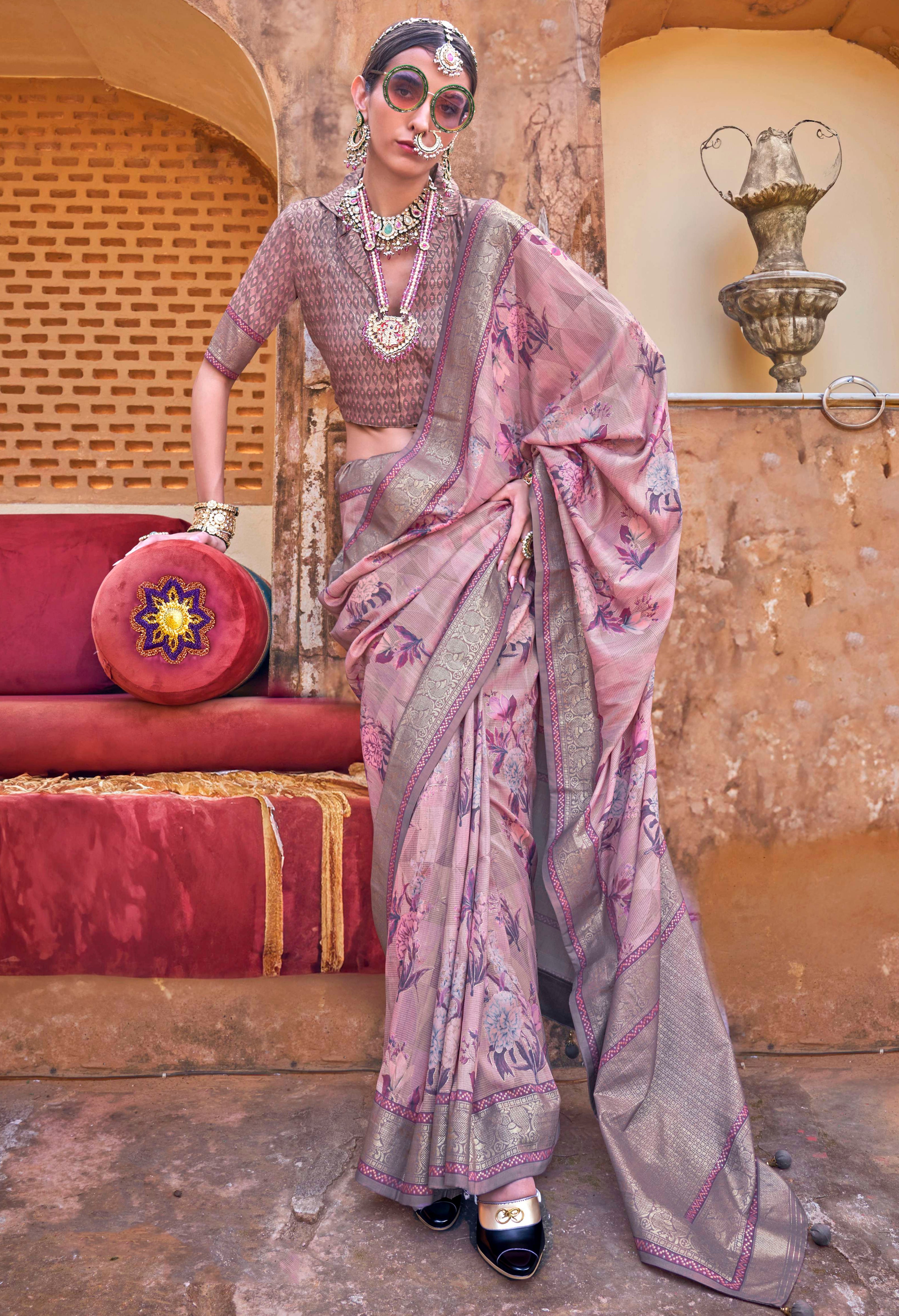 Mauve Color Pv Silk Saree With Smart Floral Print