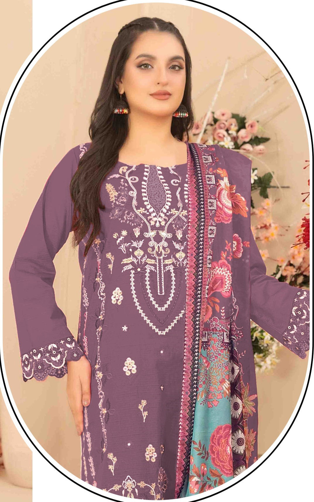 Mauve Cotton Designer Suit Set With Elegant Embroidery