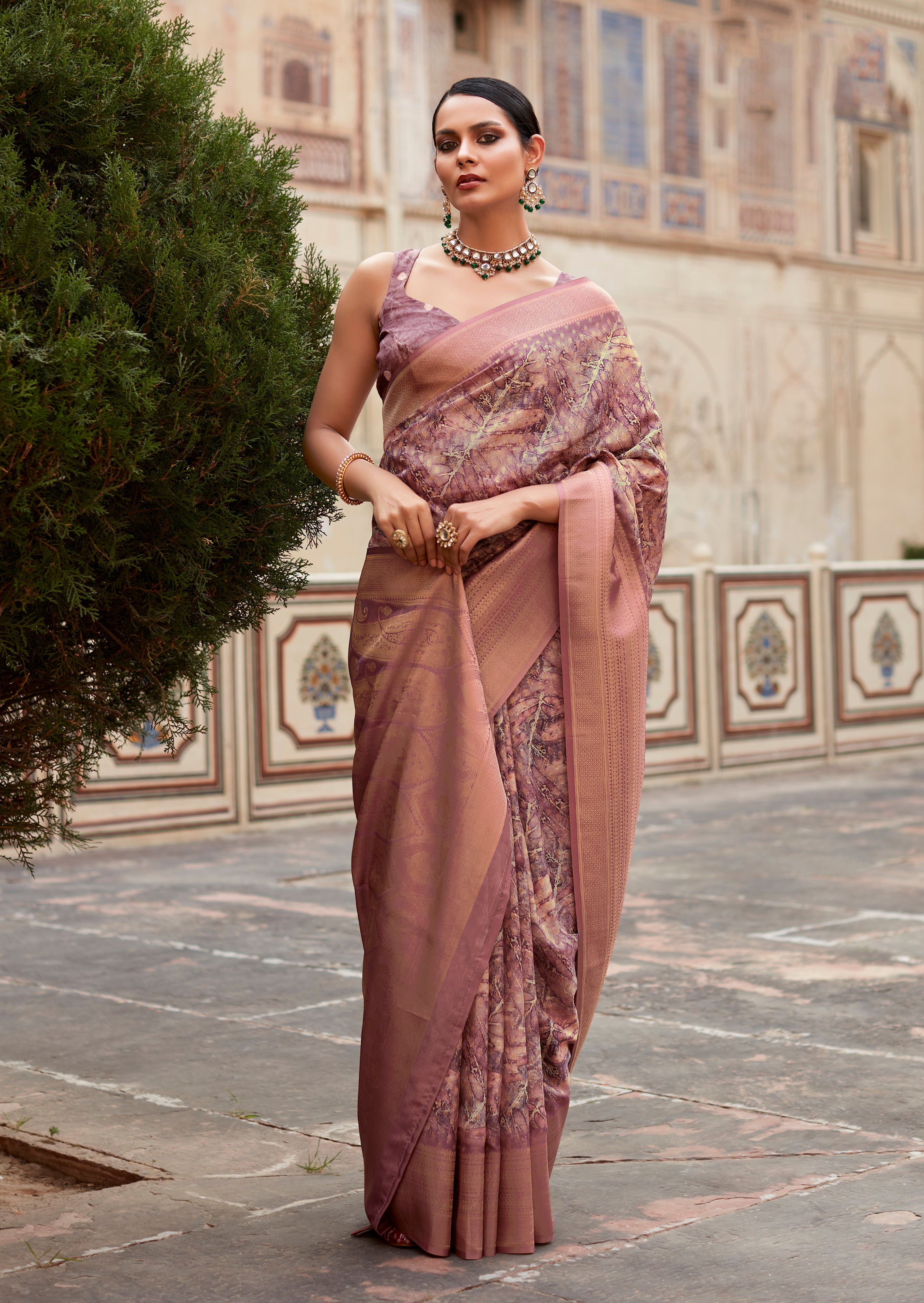 Mauve Crepe Silk Saree With Print and Woven Work