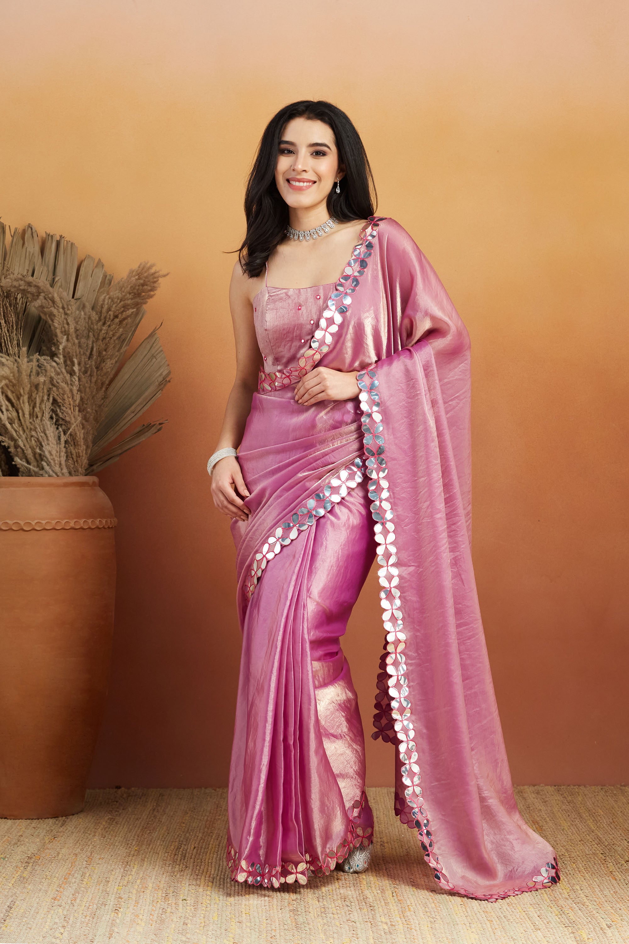 Mauve Designer Embroidery Work Ready To Wear Saree