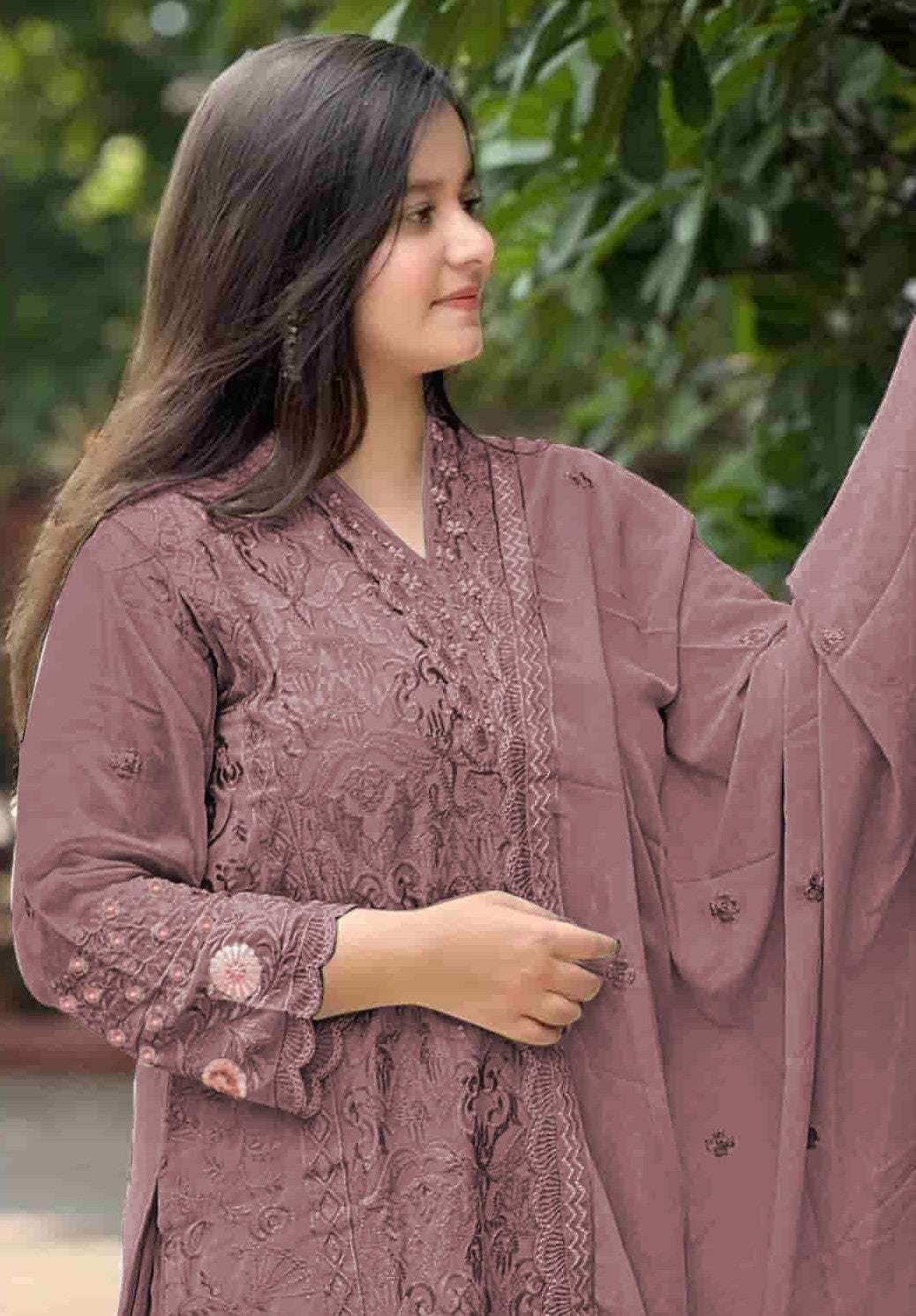 Mauve Georgette Designer Suit Set With Intricate Embroidery