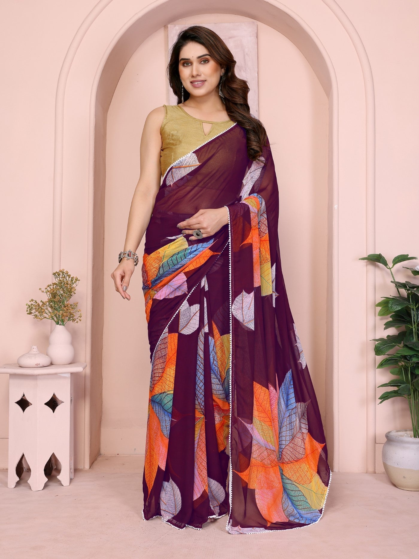 Mauve Georgette Ready-to-Wear Printed Saree with Lace