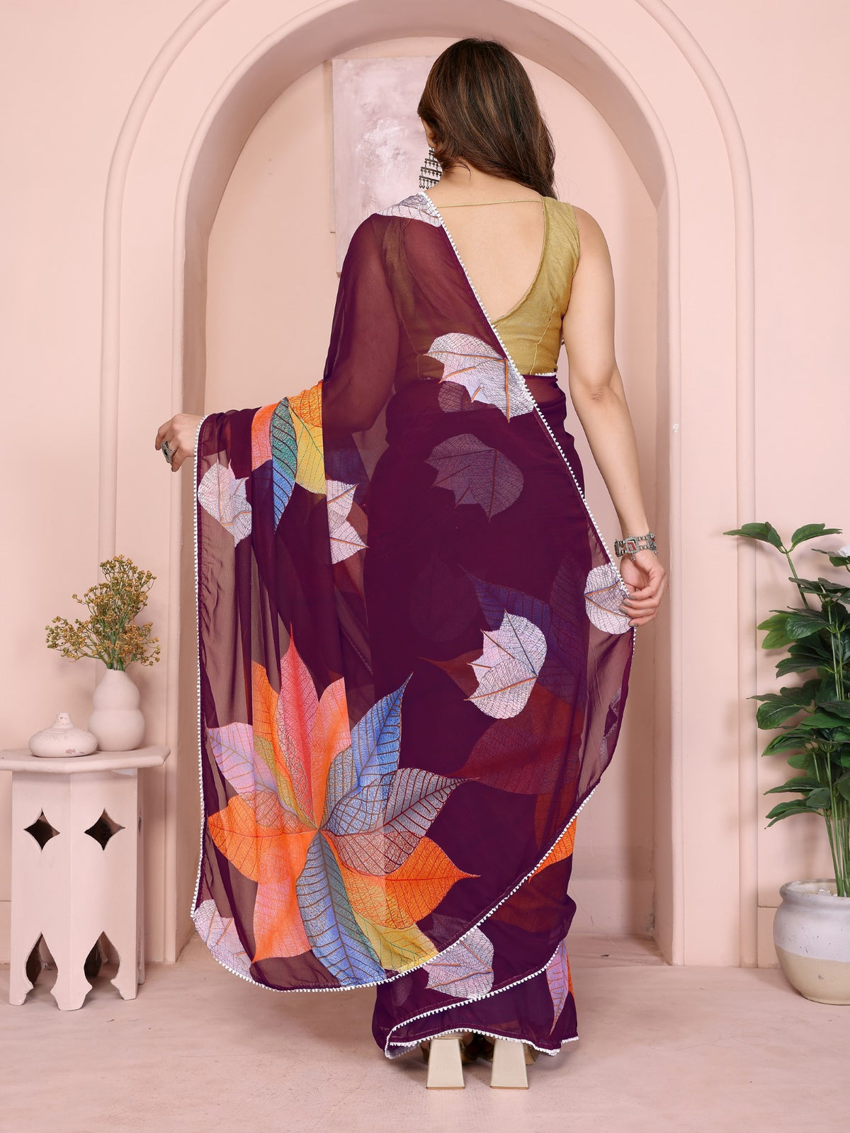 Mauve Georgette Ready-to-Wear Printed Saree with Lace