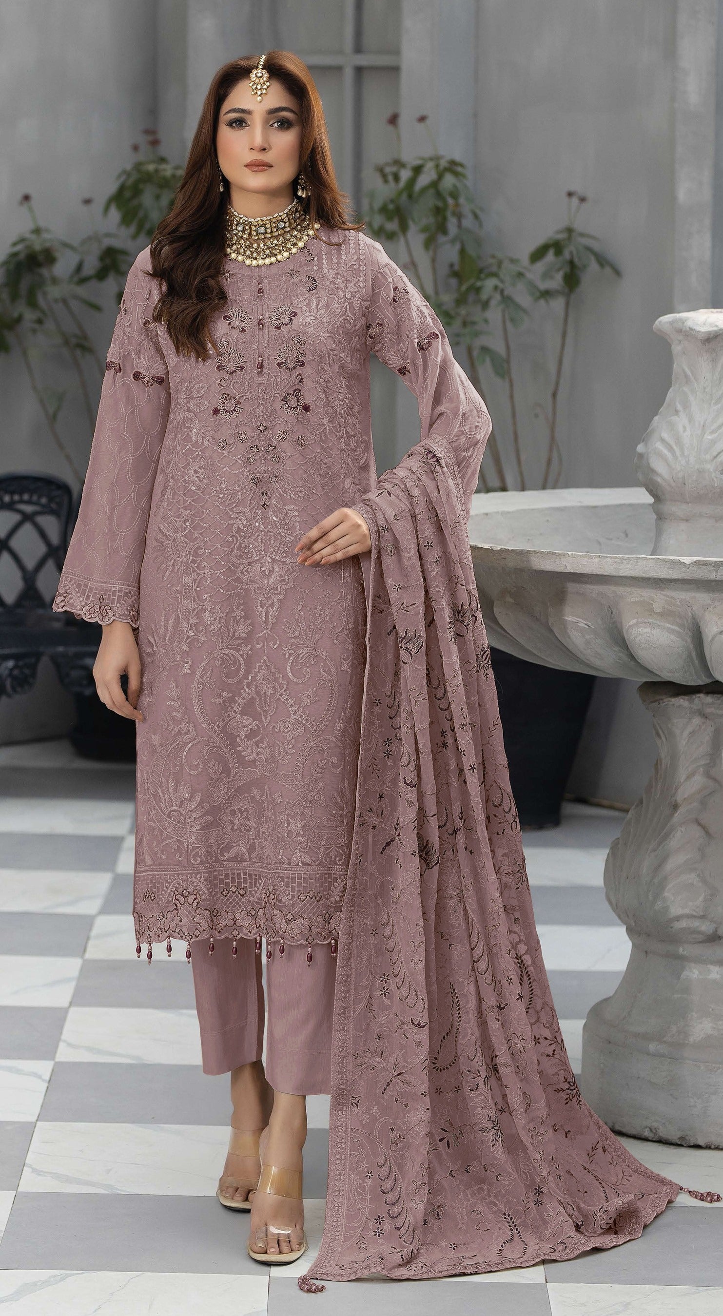 Mauve Heavy Designer Suit With Heavy Embroidery Work