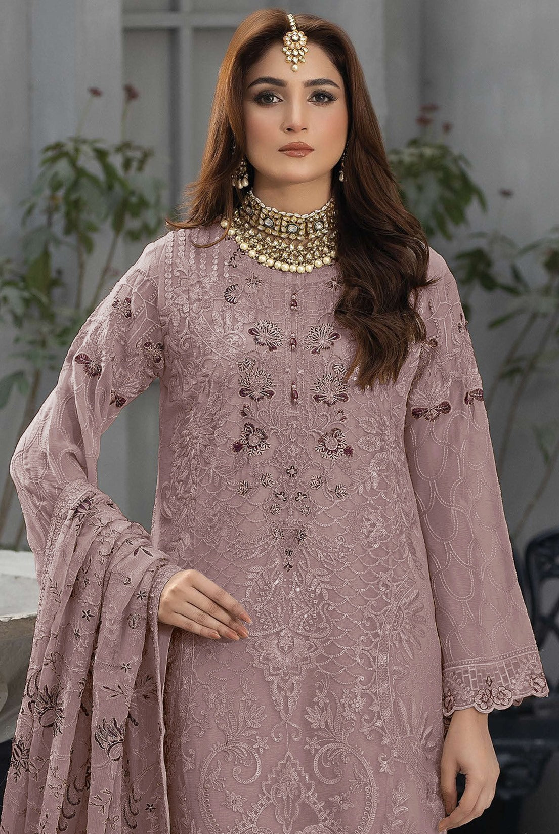 Mauve Heavy Designer Suit With Heavy Embroidery Work