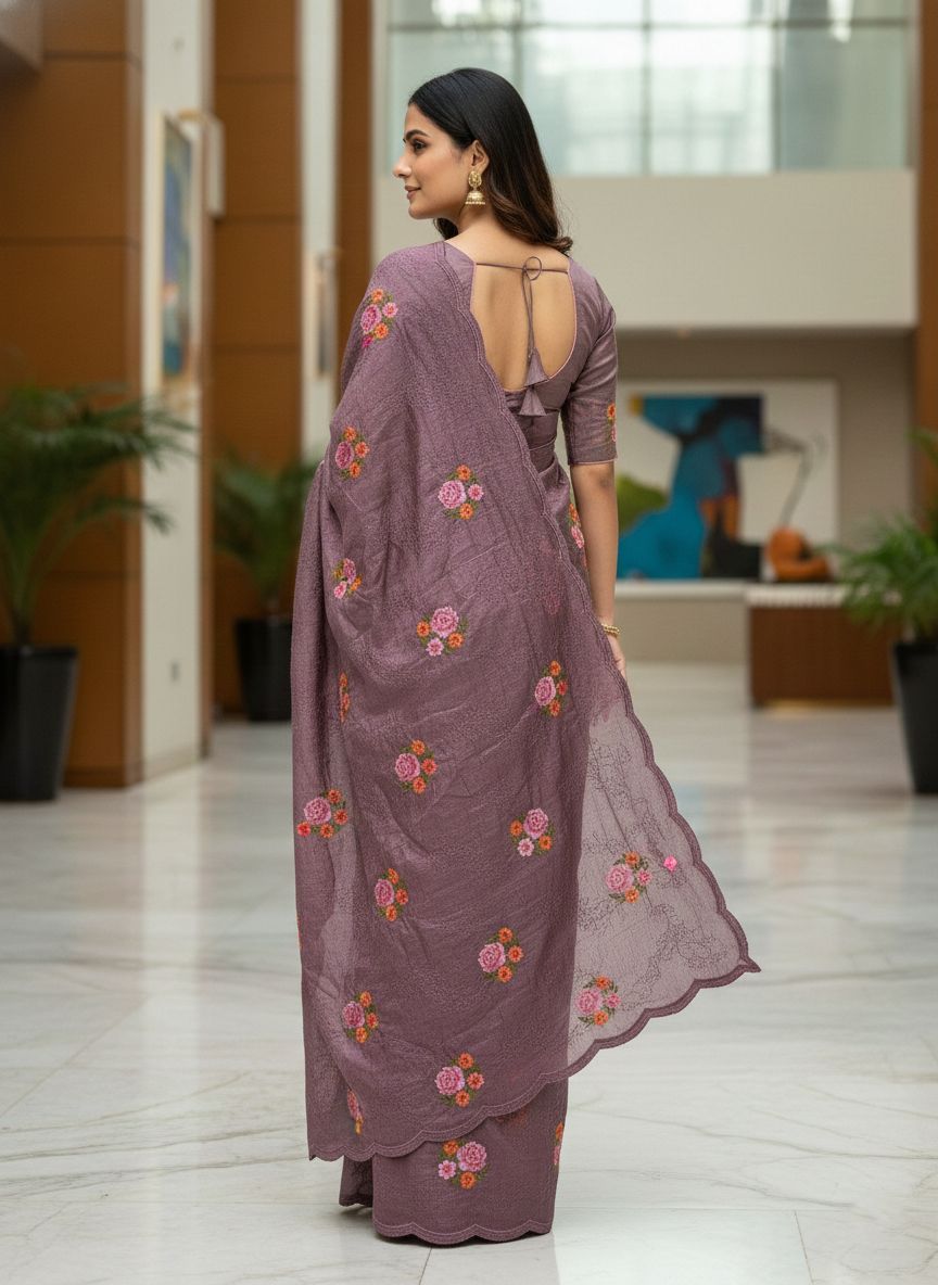 Mauve Manipuri Silk Saree with Premium Thread Embroidery Work