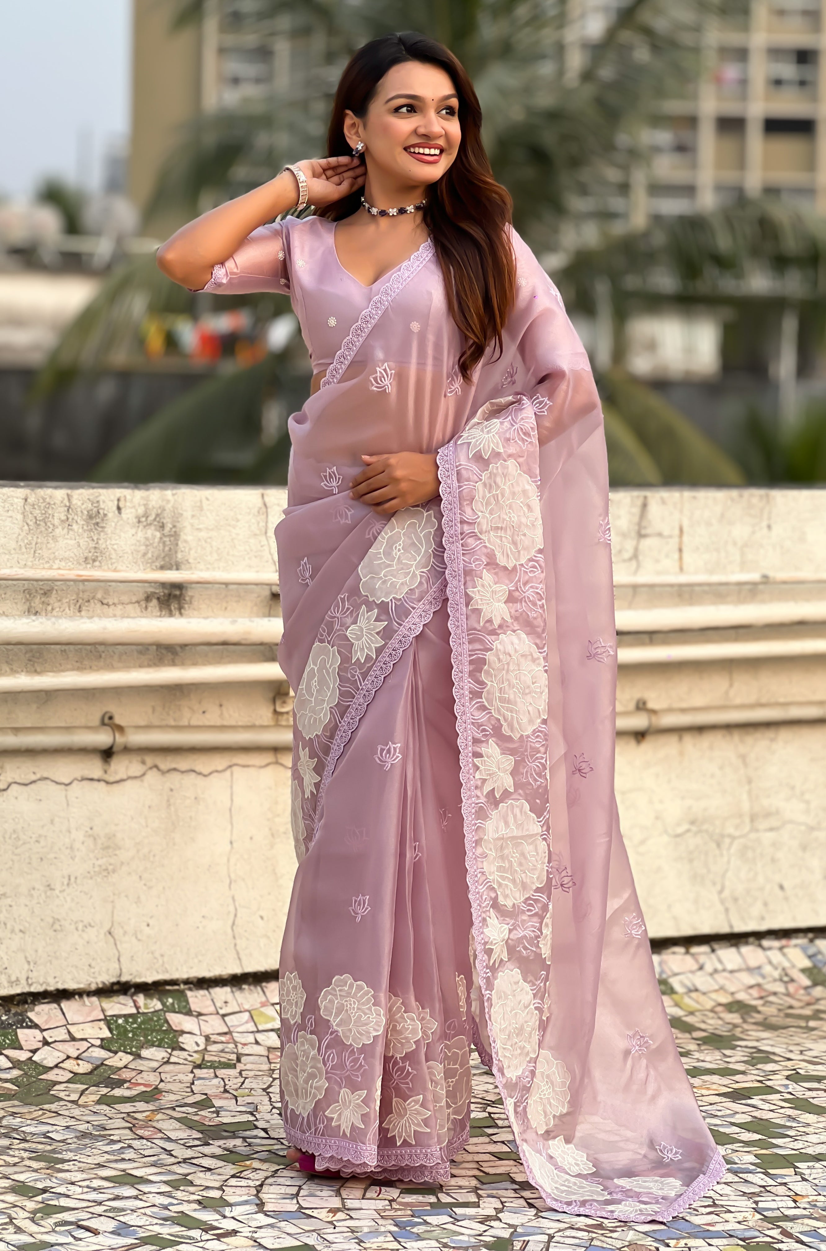 Mauve Oris Silk Saree with Lotus Thread Embroidery Cut Work