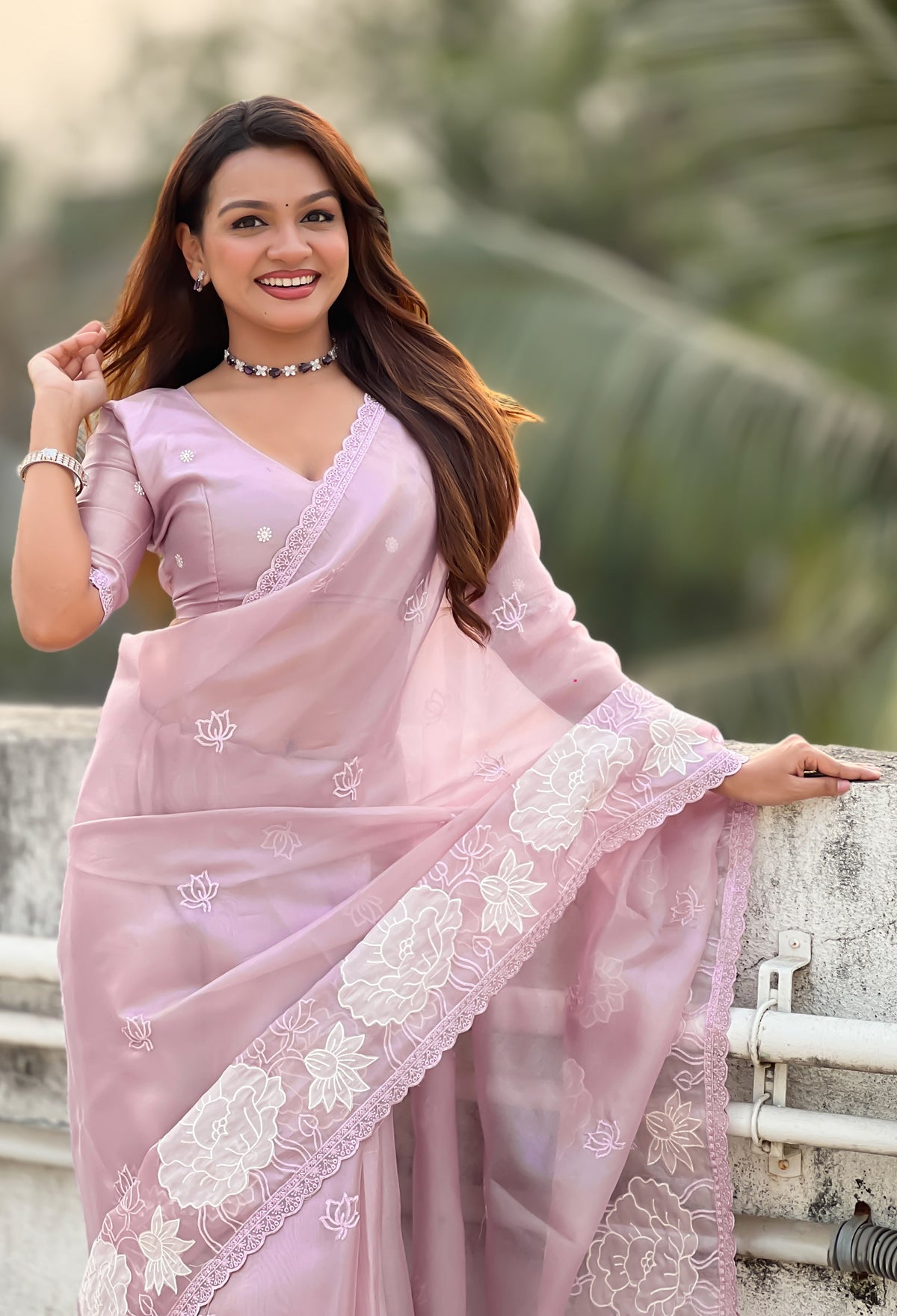 Mauve Oris Silk Saree with Lotus Thread Embroidery Cut Work