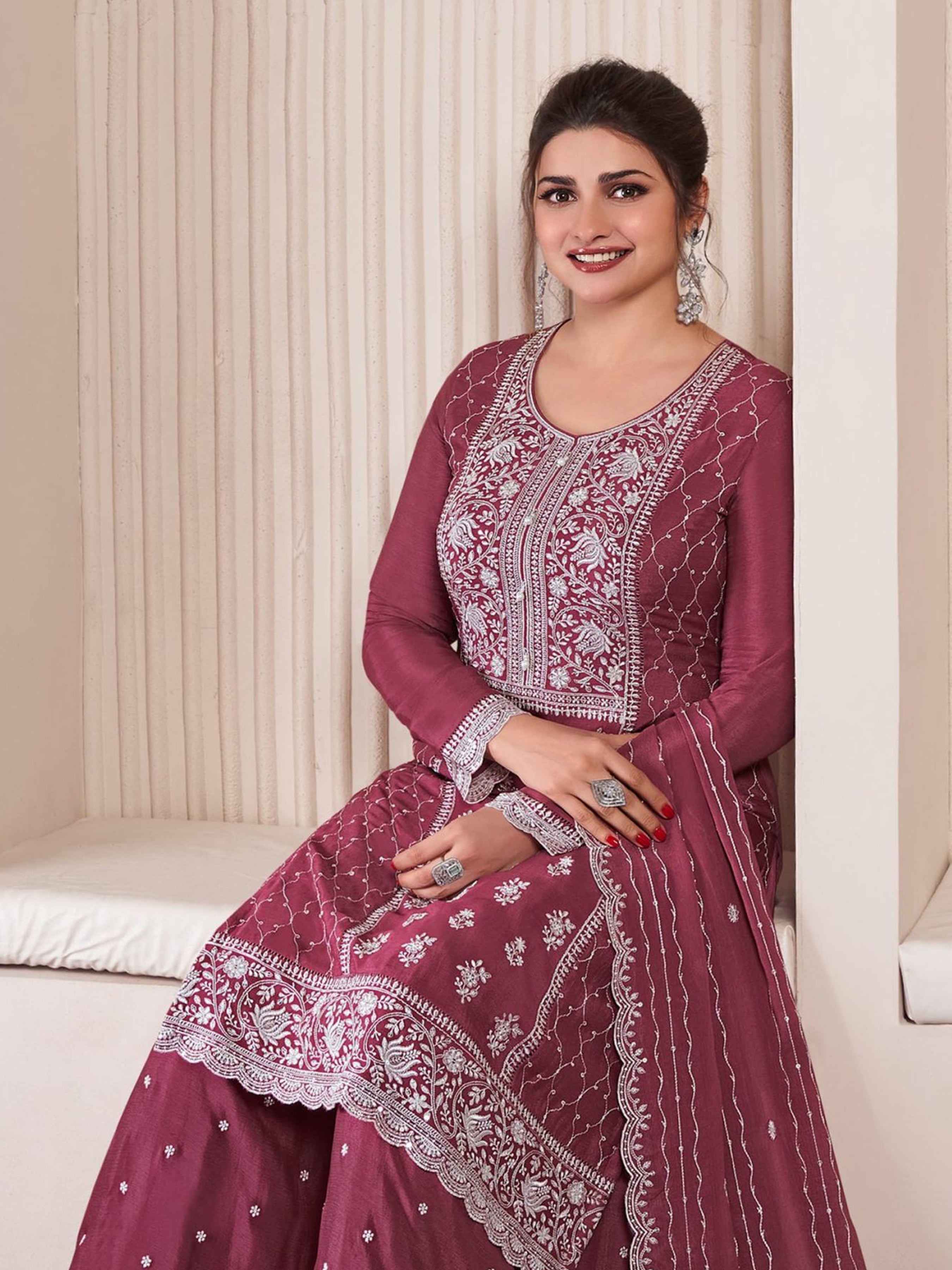Mauve Palazzo Style Salwar Suit With Heavy Embroidery Work