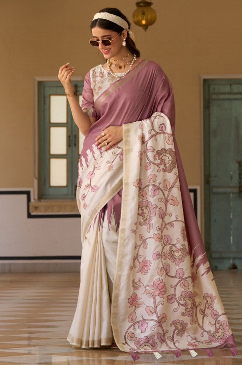 Mauve & Cream Saree With Print