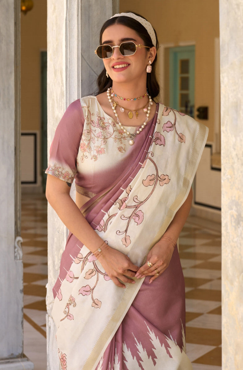 Mauve & Cream Saree With Print