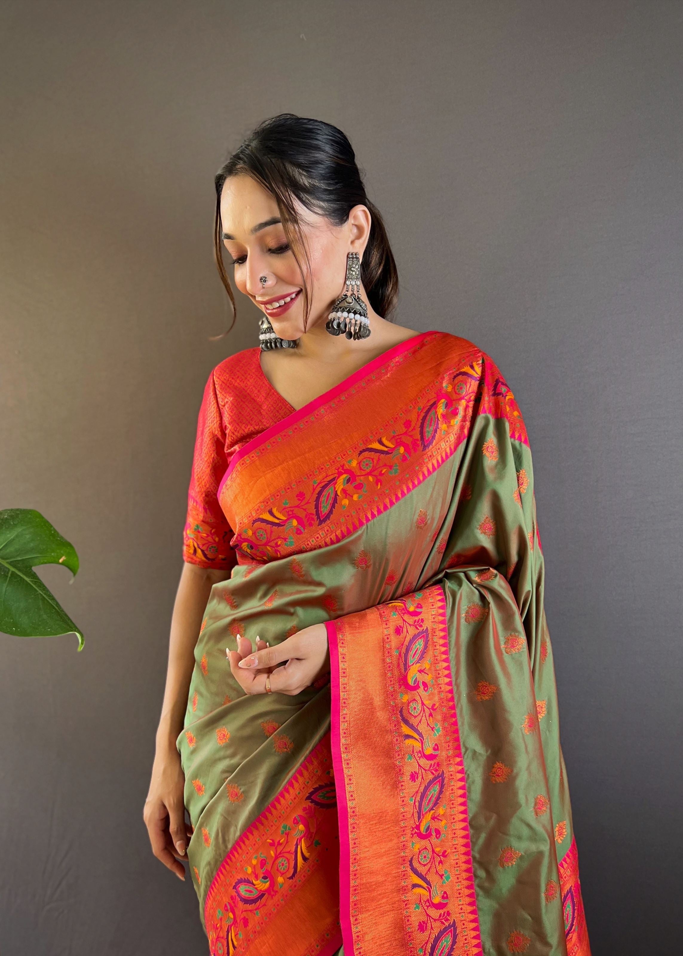 Mehandi Olive Silk Blend Paithani Saree