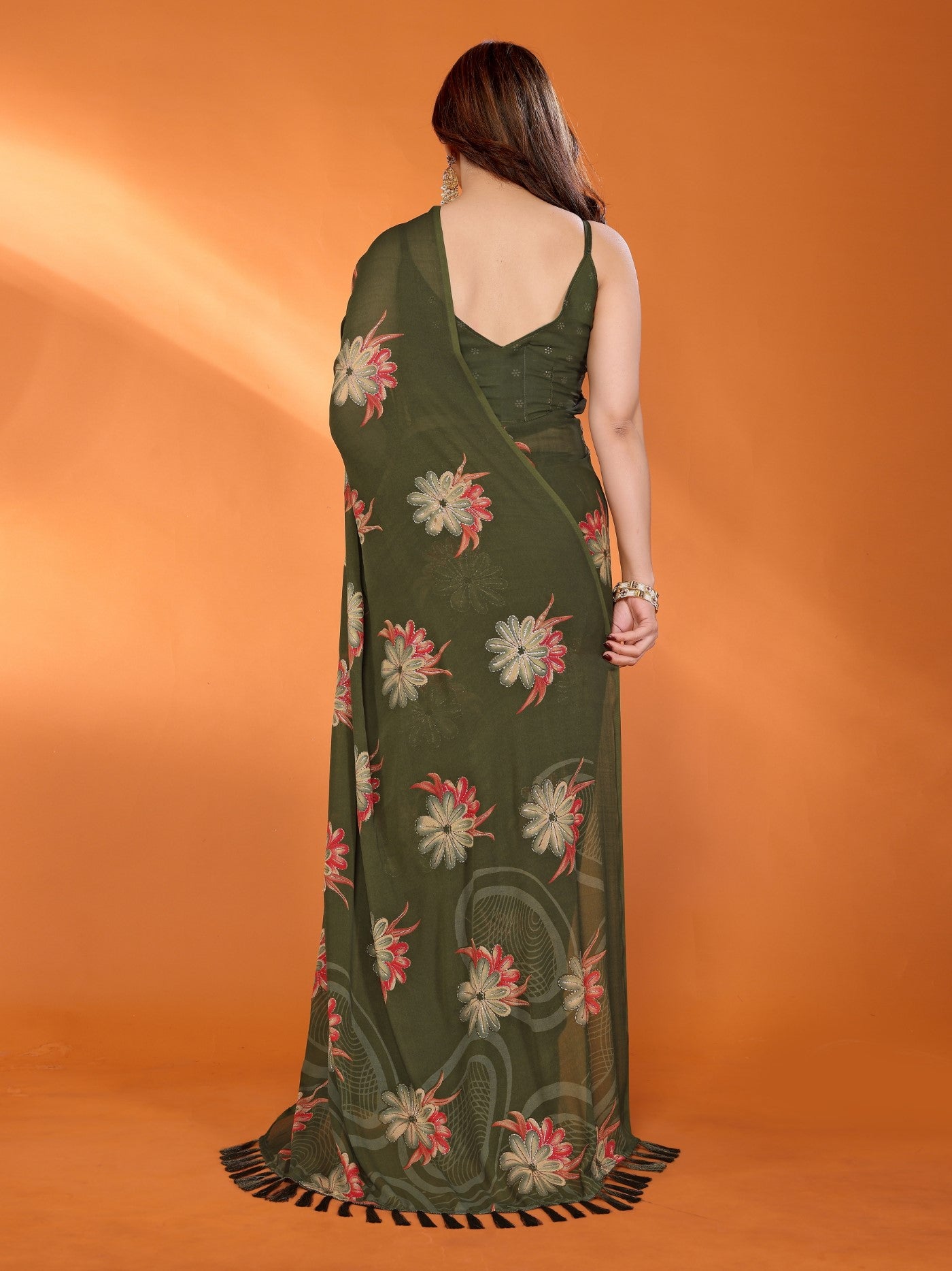 Mehendi Bright Moss Satin Patta Saree With Printed Design